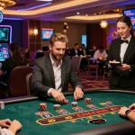 Players enjoying premium games at happyluke online casino, celebrating victories in a vibrant atmosphere.