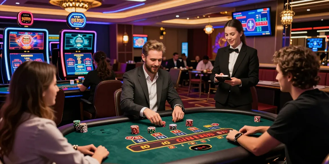 Players enjoying premium games at happyluke online casino, celebrating victories in a vibrant atmosphere.