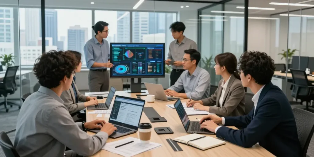 Team collaborating on IT support in business strategy around a conference table in a modern office.