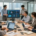 Team collaborating on IT support in business strategy around a conference table in a modern office.