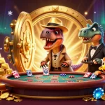 uk88 blackjack scene with a cartoon velociraptor card counter, stegosaurus pit boss, and compy pickpocket