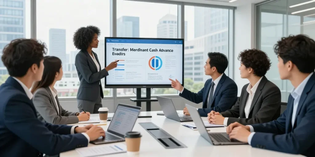 Team collaborating on live transfer merchant cash advance leads in a modern office.