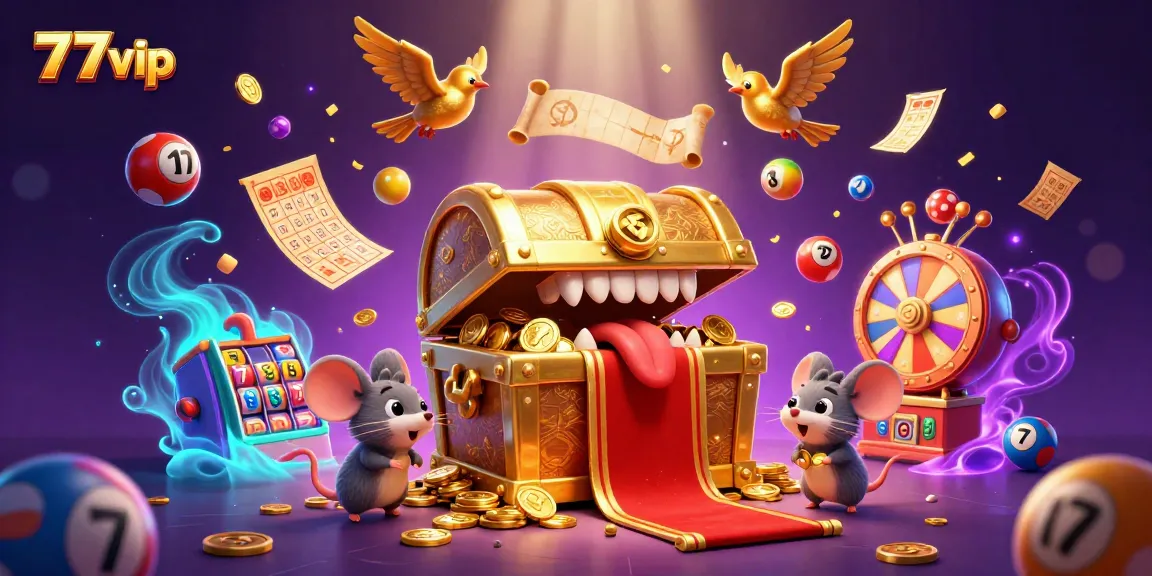 Play exciting games at 777vip with vibrant lottery balls, treasures, and captivating casino elements.