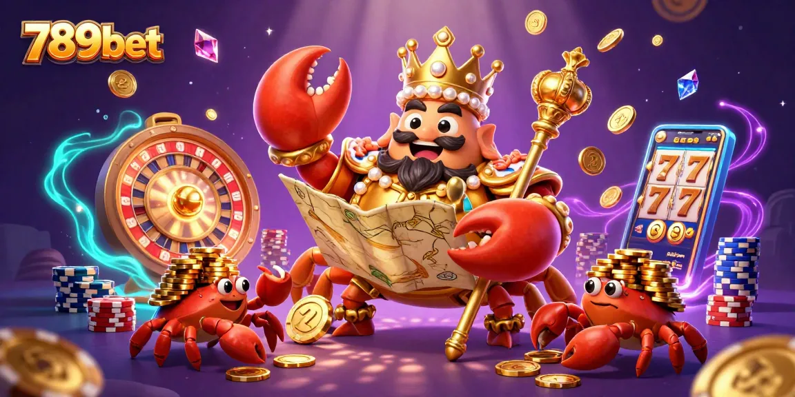 Experience the thrill of gambling featuring 789bet with a golden crab emperor and captivating casino elements.