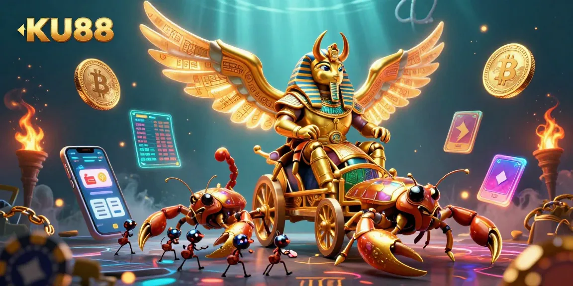Experience ultimate excitement with KU88's vibrant casino scene featuring dynamic characters and crypto elements.