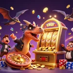 KK55 showcases a cartoon pachycephalosaurus celebrating jackpot wins, amidst flying coins and gaming elements.