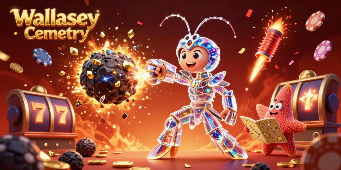 Experience Wallasey Cemetery's lively casino atmosphere with a mantis shrimp and starfish celebrating among golden gems and slots.