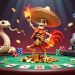 WIN786 players celebrate victories with a lively mariachi rooster and vibrant poker scene.