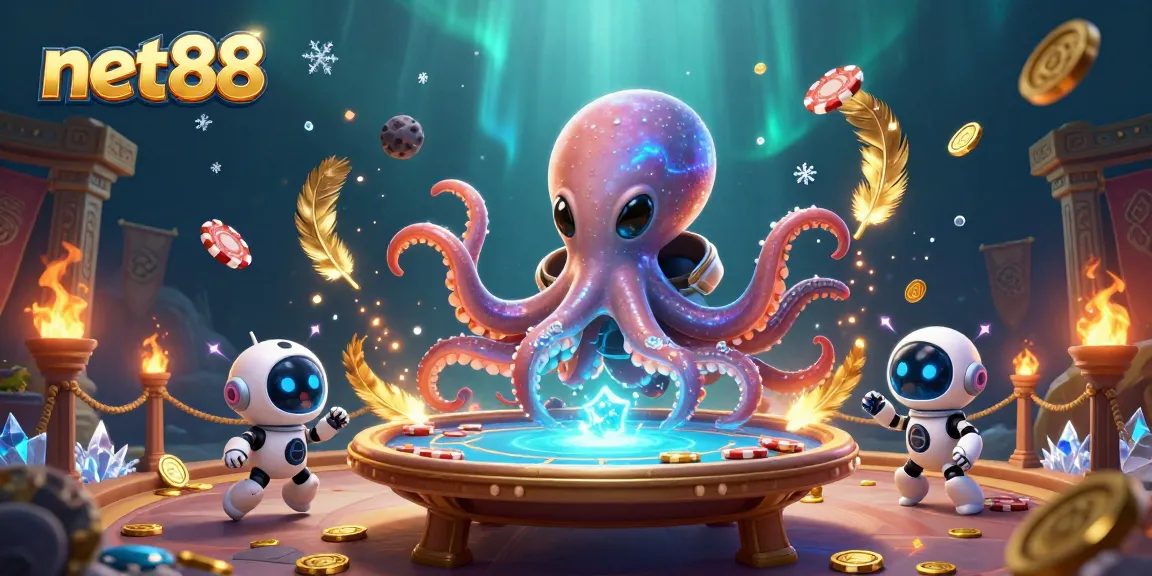 Experience thrilling gaming at net88 with a vibrant 3D alien octopus poker scene.