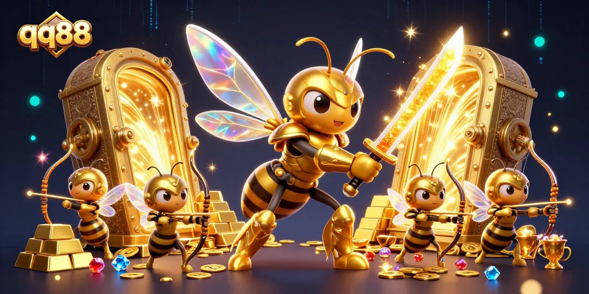 Experience the thrill of qq88 with our dynamic 3D gambling illustration of a golden hornet samurai.
