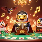 Join the festive action at sao 789, where a phantom penguin plays a golden organ amidst swirling musical notes and poker excitement.