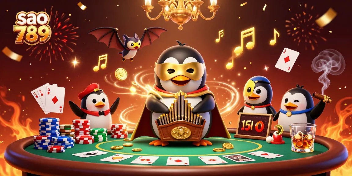 Join the festive action at sao 789, where a phantom penguin plays a golden organ amidst swirling musical notes and poker excitement.