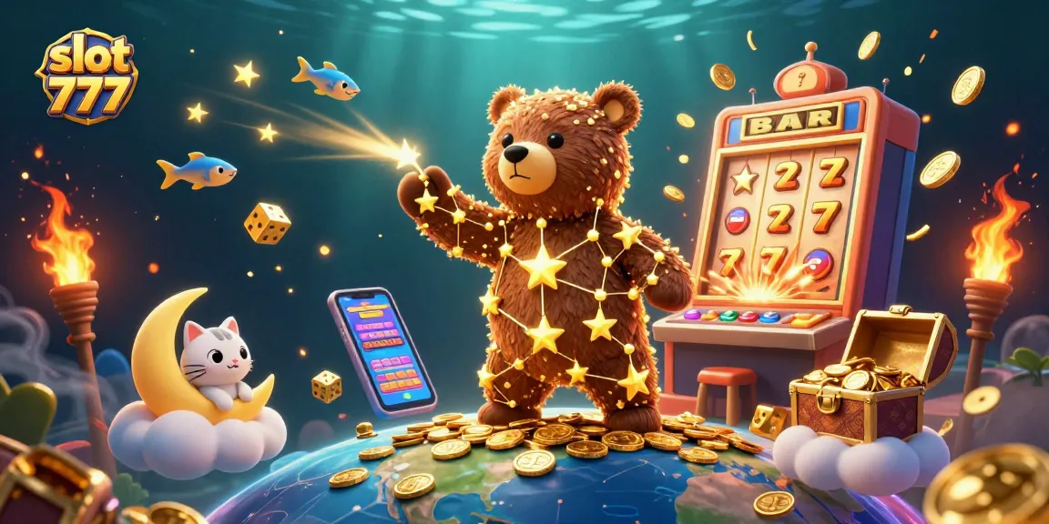 Experience the thrill of winning at slot 777 with a lively 3D casino scene filled with colorful gaming elements.