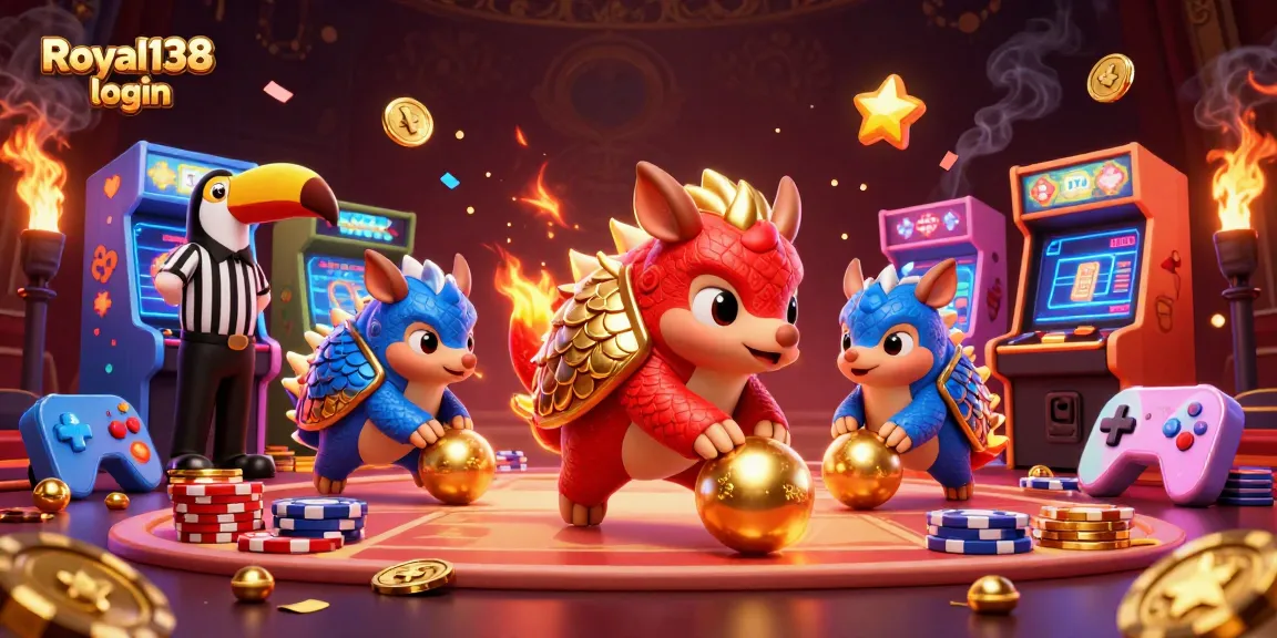 Permainan menarik di Royal138 login dengan pangolins bersaing dan tumpukan chip poker.