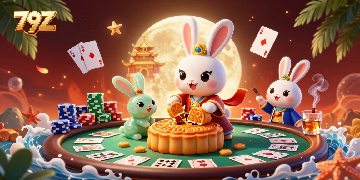 Experience excitement with 79Z's thrilling poker scene illustrated by a moon rabbit and jade companion.