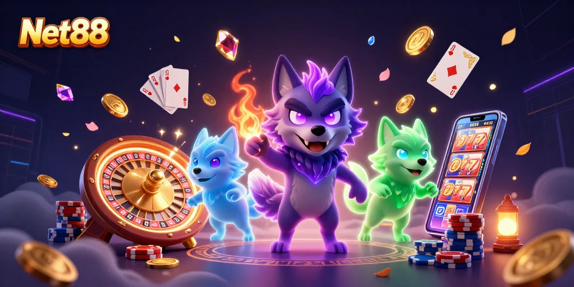 Engage with Net88's thrilling gaming landscape featuring immersive 3D wolves amidst vibrant casino elements.