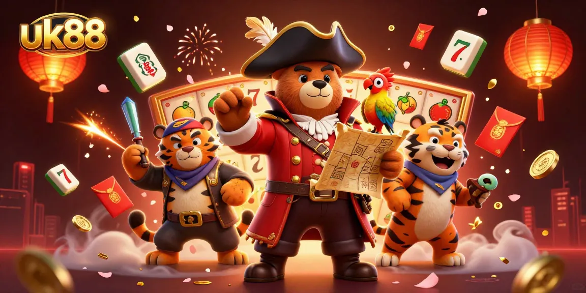 Engage with uk88's thrilling casino adventures featuring a pirate bear, a tiger, and vibrant gambling elements.