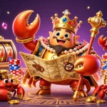 Watch the da88 crab emperor dominate the casino scene with vibrant slot machines, royal flush cards, and treasure.