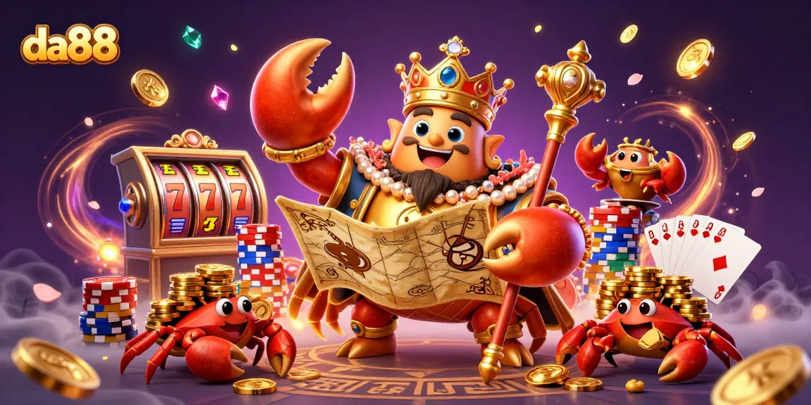 Watch the da88 crab emperor dominate the casino scene with vibrant slot machines, royal flush cards, and treasure.