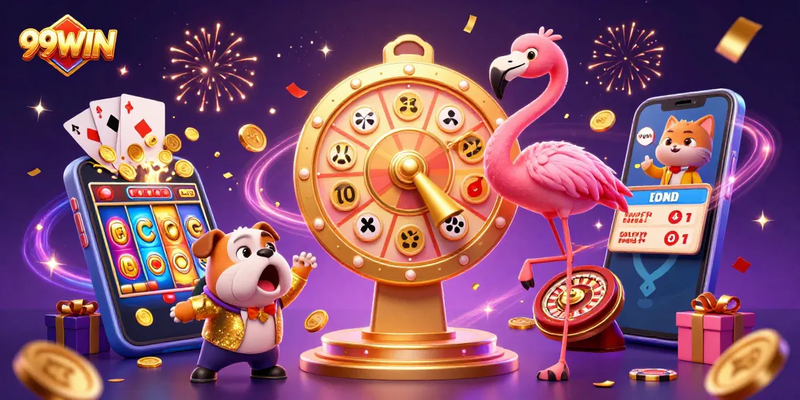 Experience 99WIN's thrilling atmosphere with a colorful casino scene full of games and excitement.