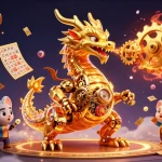 Bet168vn showcasing a golden dragon with gears amidst a vibrant casino theme filled with action and rewards.