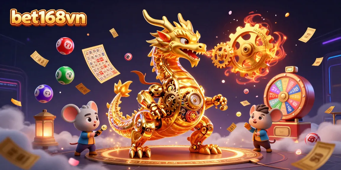 Bet168vn showcasing a golden dragon with gears amidst a vibrant casino theme filled with action and rewards.