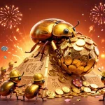 Engage with DA88 as a 3D golden dung beetle rolls coins amidst vibrant casino elements celebrating luck.
