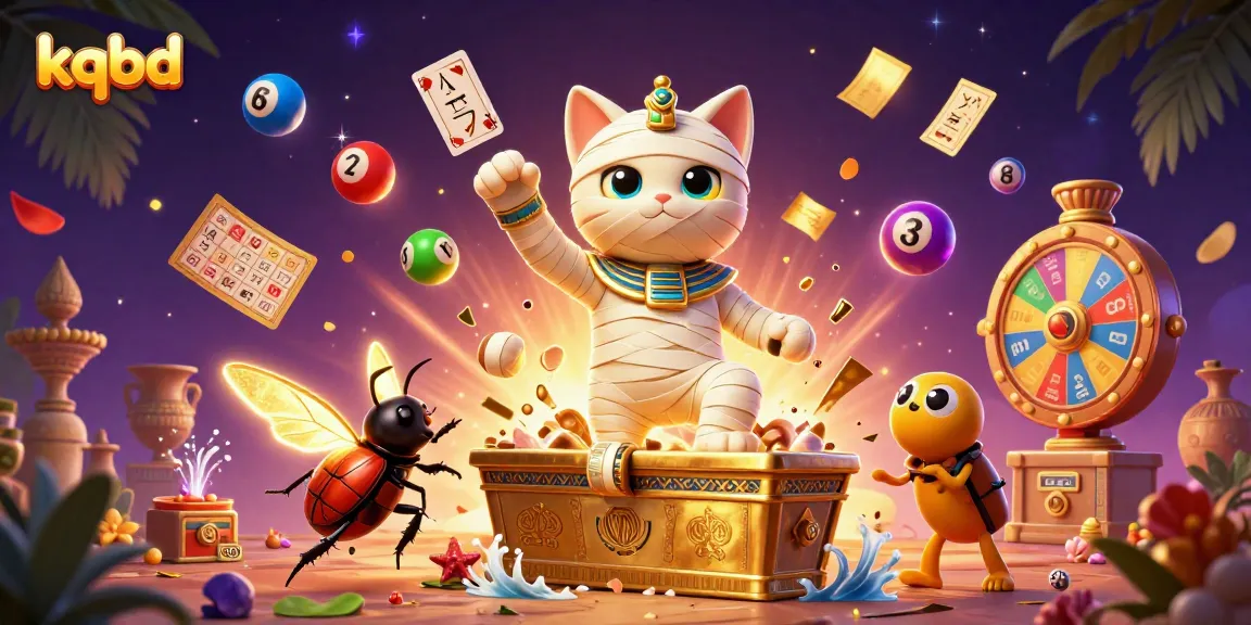 KQBD offers an engaging view with a mummy cat and scarab beetle in an exciting casino atmosphere.