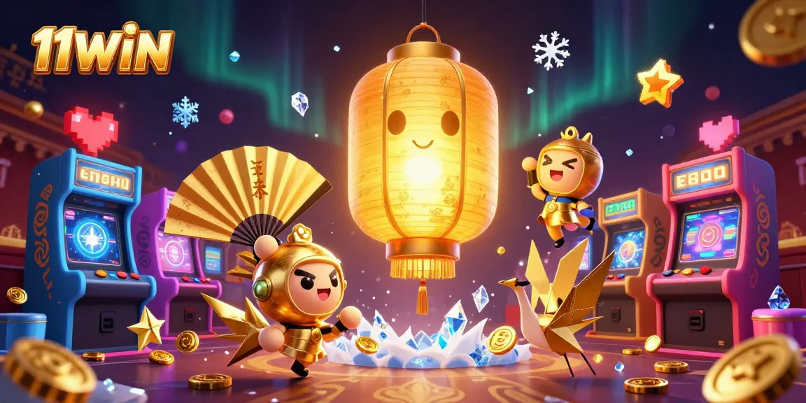 Engage with 11WIN's vibrant 3D casino world featuring a golden lantern spirit amidst arcade games.