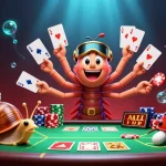 CM88 dealer fanning out cards while a snail high-roller pushes chips in a vibrant casino scene