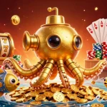 Experience thrilling gameplay at go88 as the golden kraken submarine rises amidst vibrant slot elements and poker chips.