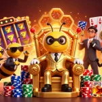 Explore the vibrant sam86 casino world with a buzzing bumblebee mob boss amidst stacked poker chips and dynamic slot elements.