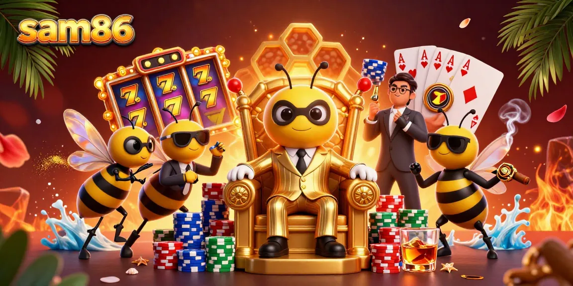 Explore the vibrant sam86 casino world with a buzzing bumblebee mob boss amidst stacked poker chips and dynamic slot elements.