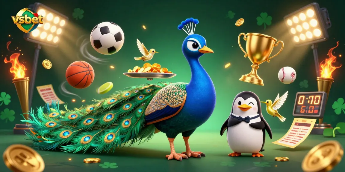 Enhance your betting experience with vibrant vsbet-themed 3D illustration of a peacock, penguin, and hummingbird amidst dynamic sports elements.