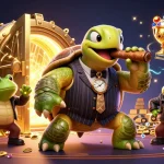 Experience thrilling toto 4d gaming with a vibrant 3D illustration of a turtle mobster, gold treasure, and casino lights.