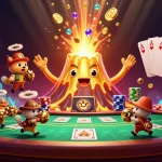 Experience the excitement of bk8's casino with a golden volcano erupting treasures and energized playing cards.