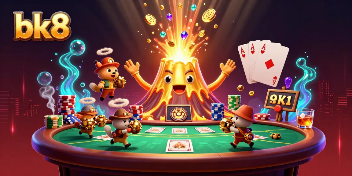 Experience the excitement of bk8's casino with a golden volcano erupting treasures and energized playing cards.