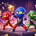 Experience the thrilling action of e2bet with vibrant casino elements and animated ninja chameleons.