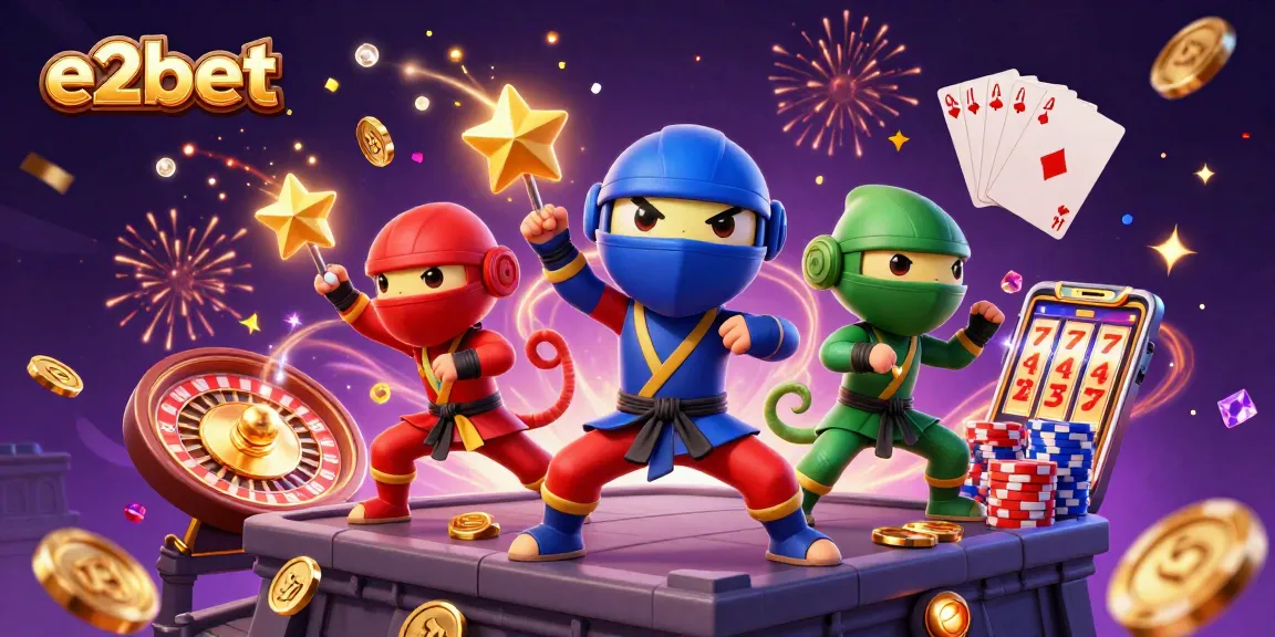 Experience the thrilling action of e2bet with vibrant casino elements and animated ninja chameleons.
