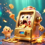 Experience the excitement of bk8 as golden slot machines celebrate a jackpot, surrounded by vibrant gaming elements.