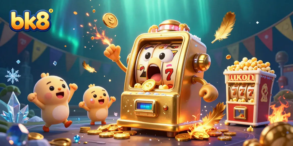 Experience the excitement of bk8 as golden slot machines celebrate a jackpot, surrounded by vibrant gaming elements.