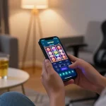 Player using slot7000 mobile app in a cozy living room for gaming.