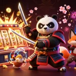 Engage with the dynamic world of soi kèo nhà cái, featuring a fierce samurai panda and characters in a lively casino atmosphere.