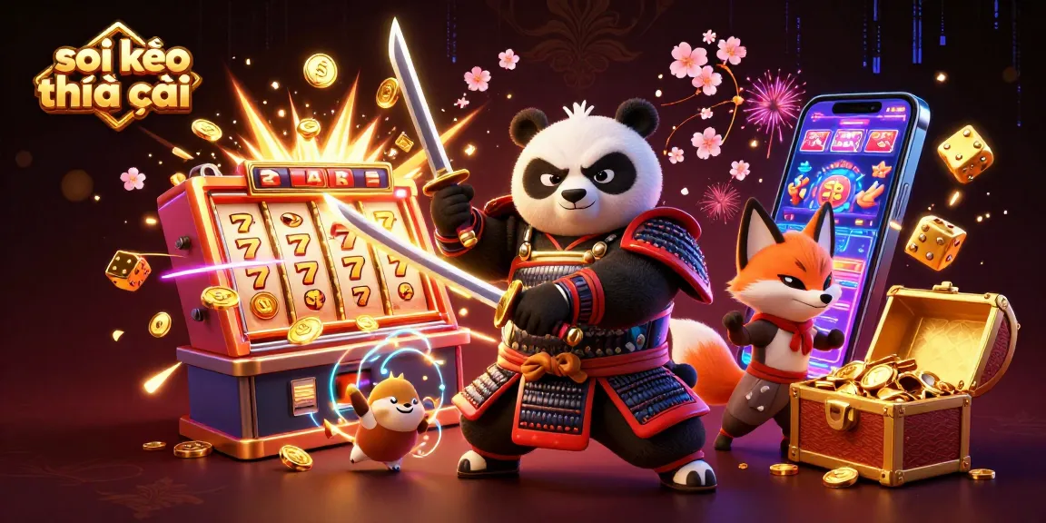 Engage with the dynamic world of soi kèo nhà cái, featuring a fierce samurai panda and characters in a lively casino atmosphere.